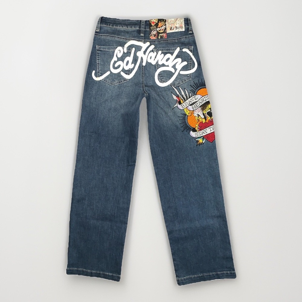 Ed Hardy Wide Leg Jeans Womens 32 Brave Hearts Stay True Eagle Med Vintage Wash